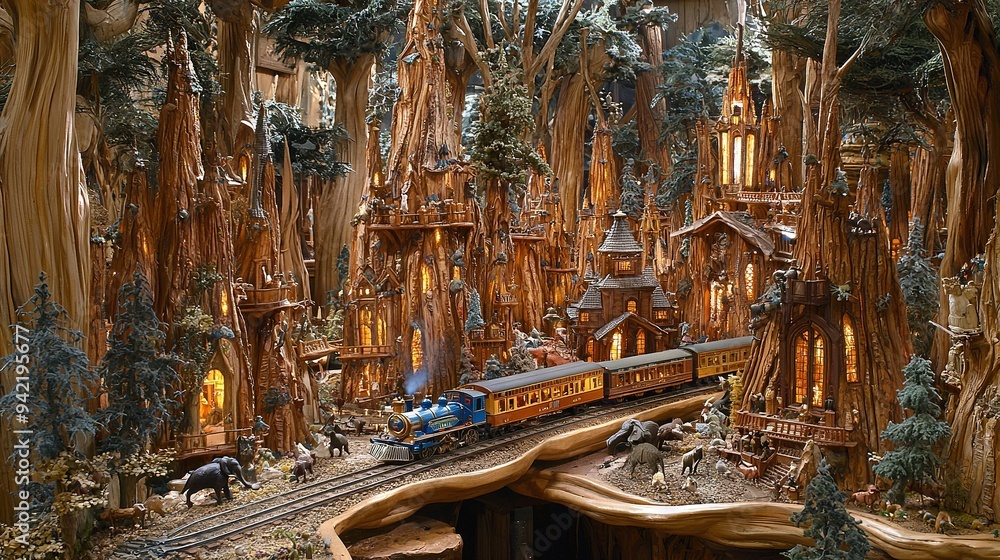 Poster a train model with tracks in a forest setting where riders are on horseback on the opposite side