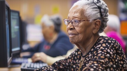 A senior woman attending a computer class, learning new skills and embracing technology