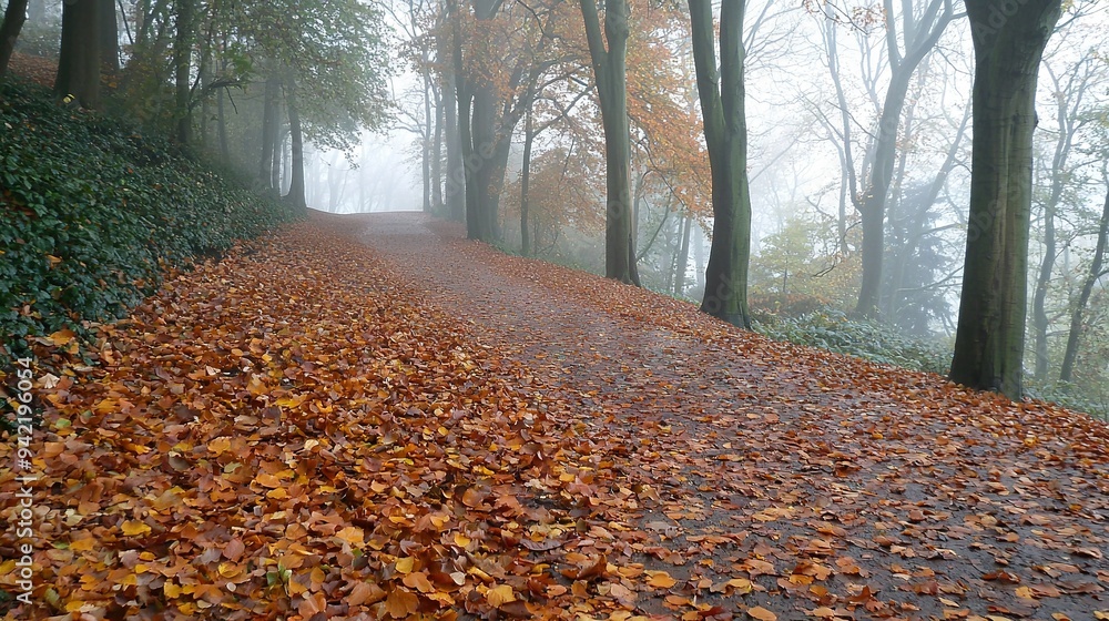 Poster a leaf-covered path meanders through a dense forest, surrounded by towering trees and lush vegetatio
