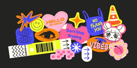 Futuristic y2k patches, labels, tags, stickers, bracelet stamps in retro style. Cartoon stickers in funky hipster groovy grunge 90s style. Vector set, trendy promo labels