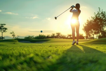 A woman swings a golf club at sunset, with the golf ball in mid-air