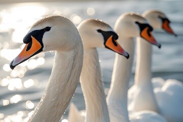 Fototapeta premium Elegant Swans in a Row on Sparkling Water - Nature Photography for Posters and Artwork