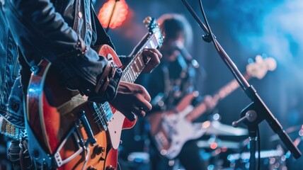 A rock band playing on stage, celebrating the legacy of rock and roll with iconic songs