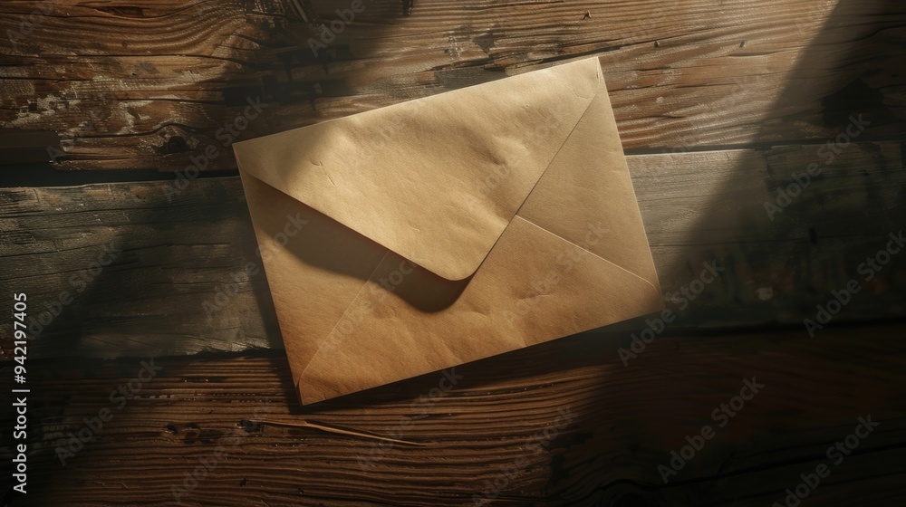Poster a single brown envelope resting on a wooden table, simple and straightforward