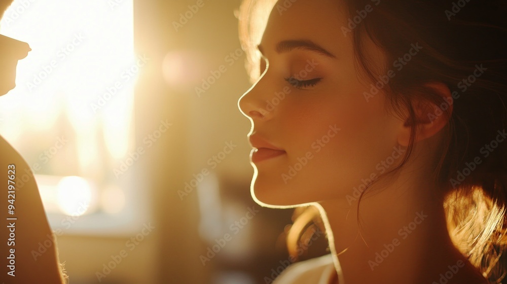 Poster a serene moment captured in soft sunlight. the peaceful expression and warm glow create a sense of t