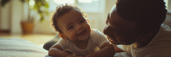 A dedicated father exercises in a bright living room, focusing on a single arm plank while sharing a joyful moment with his smiling baby