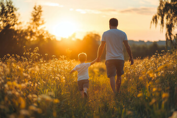 Fototapeta premium A joyful afternoon of father and son exploring a sunlit park during golden hour