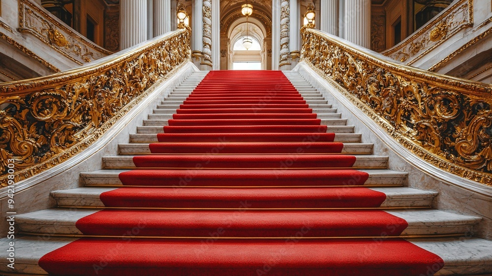 Poster a set of stairs with a red carpet on the bottom and a gold railing on the top of the stairs