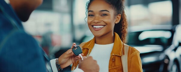 Happy woman receiving car keys from dealer at auto showroom with joyful smile and anticipation as she prepares to drive her new vehicle home