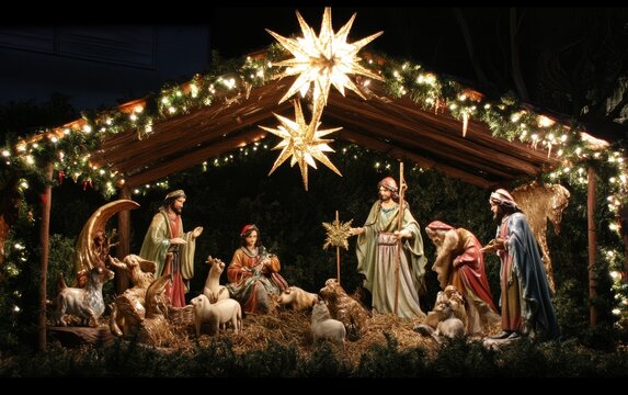 A beautiful nativity scene illuminated with Christmas lights, depicting the birth of Jesus. Perfect for religious Christmas displays and festive decorations.
