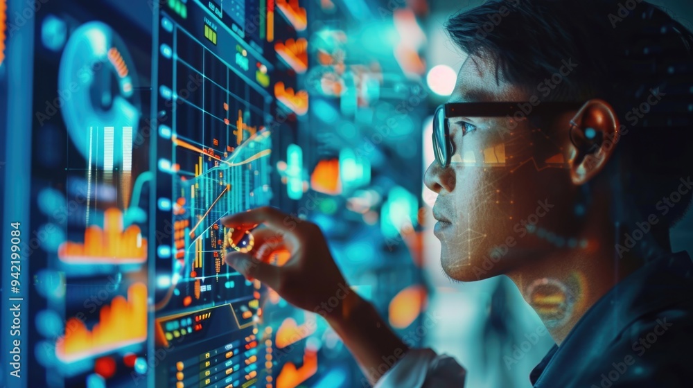 Poster a person wearing glasses studies something on a computer screen