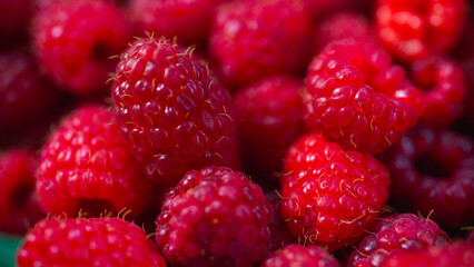 panoramic delicious photo of fruit, Close-up of raspberries, top fill frame, background, close-up view. Selective focus.