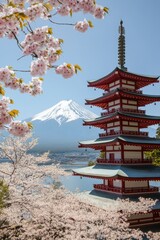Obraz premium Cherry blossom and Chureito Pagoda with Mount Fuji in the background during a beautiful spring day in Japan
