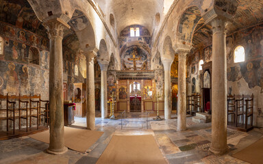 interior of church of Agios Dimitrios, the oldest church on the site of the 13th century Byzantine fortress in Mystras, Greece.