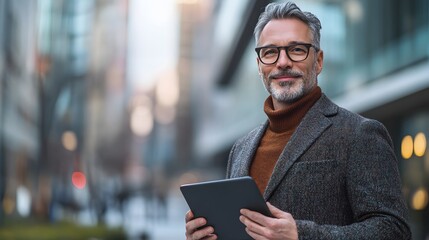 Smiling mature businessman holding a tablet in a stylish outdoor setting