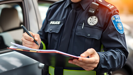 Close-up of traffic police officer writing a ticket. Generative AI