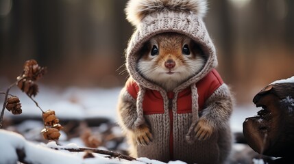 Naklejka premium Chipmunk in snow with winter clothes like Santa Claus.. Christmas style hat and sweater. Funny animals in winter.