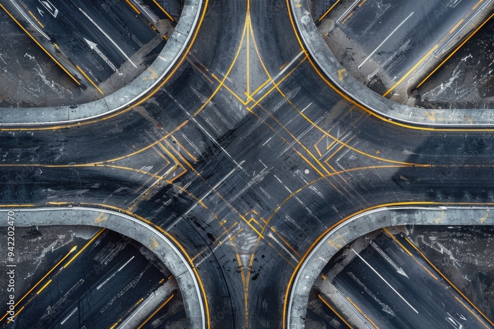 Poster aerial view of a busy city street intersection with multiple lanes