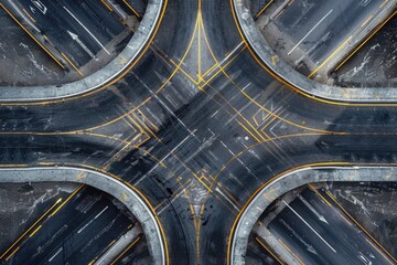 Aerial view of a busy city street intersection with multiple lanes