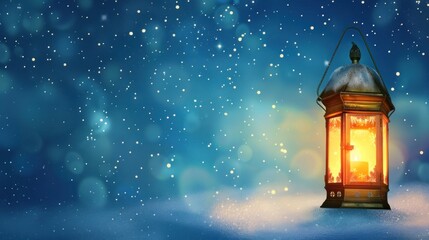 A glowing lantern in snowy night