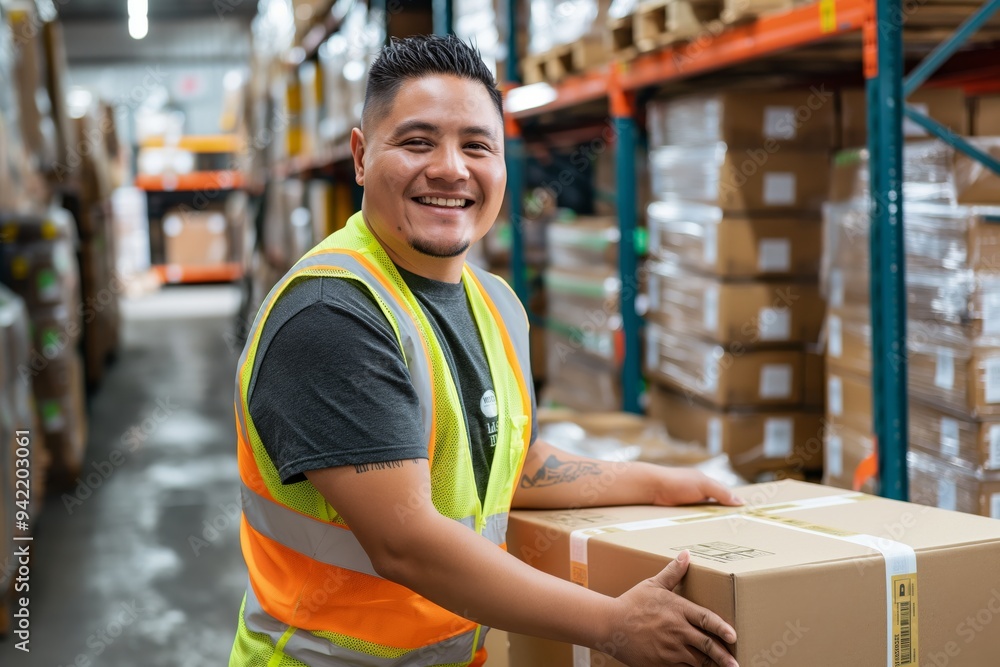 Poster A warehouse worker efficiently manages packages in a busy storage facility, ensuring proper handling. Logistics and supply chain management are handled with a smile by this employee