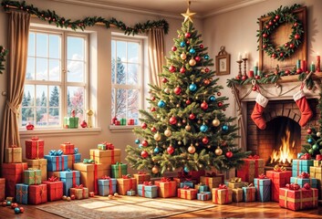 Obraz premium Decorated Christmas tree in a room with gifts