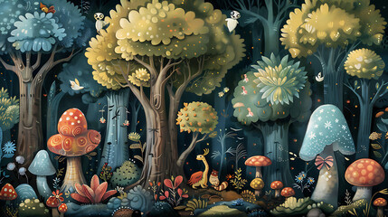 "A Whimsical Forest with Oversized, Colorful Trees Creating a Magical and Playful Wonderland"




