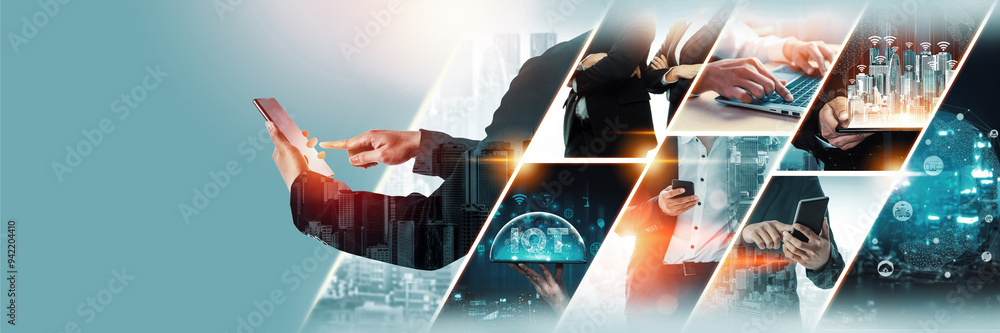 Poster communication technology , smart connection iot and people network technology concept. people using 