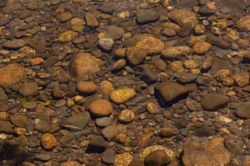 A detailed close-up of riverbed stones submerged in the clear waters of Praia Fluvial de Valhelhas, Portugal. The image showcases the natural textures and earthy tones of the rocks, creating a serene 
