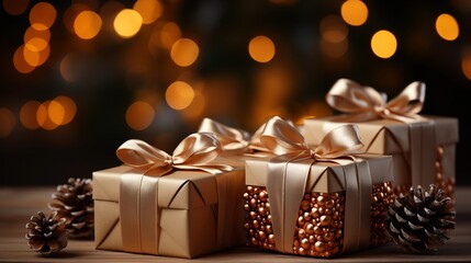 christmas and new year background - gift boxes and pine cones and branches on the background of bokeh garlands