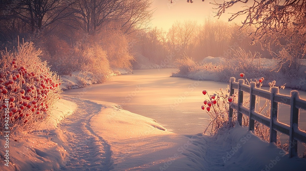 Poster a snow-covered field with a fence and flowers in the foreground, surrounded by trees beyond it