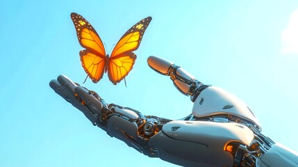 Naklejka premium A futuristic robotic hand gently holds a vibrant butterfly. This striking image blends technology and nature beautifully. Perfect for showcasing innovation. AI