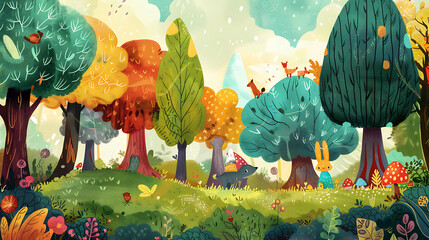 "A Whimsical Forest with Oversized, Vibrantly Colored Trees Creating a Fantastical and Enchanting Landscape"




