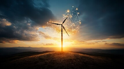 Obraz premium A wind turbine silhouette stands on a grassy hill against a dramatic sunset sky, overlaid with a glowing digital network graphic representing clean energy.