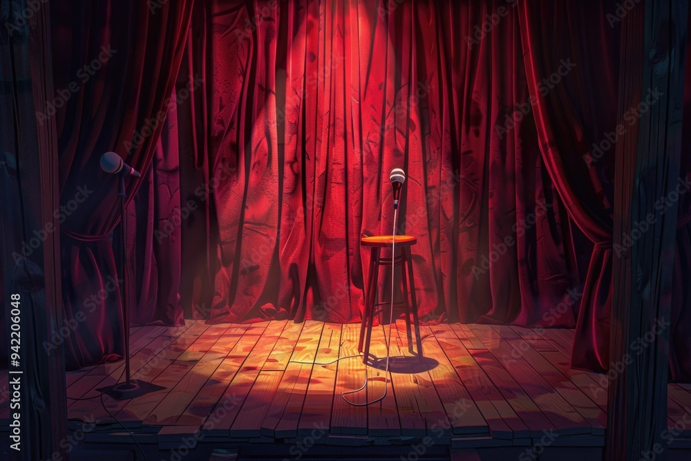 Poster a simple stage setting with a red curtain and a chair, suitable for events or performances