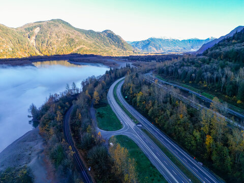 Aerial view of the Island 22 Regional Park along Fraser River in Chilliwack, British Columbia, Foggy weather. Canada. Top aerial view 