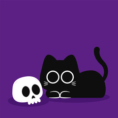 Cute Black cat. Halloween black cat and skull on purple background.