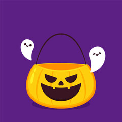 Pumpkin basket vector. Pumpkin basket empty for Halloween. Horrible vegetable basket of sweets.