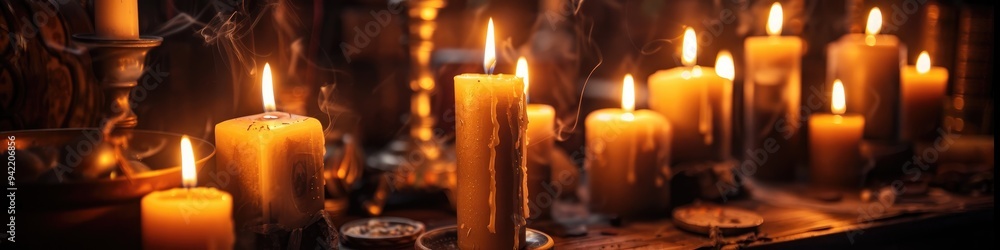 Poster candles with enchanting qualities illuminated on a table in a mystical setting.