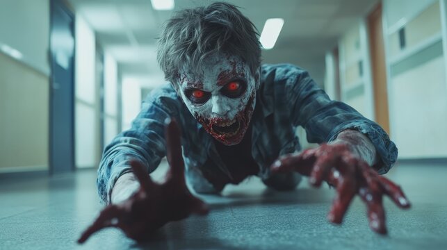 A terrifying zombie is crawling on the floor, reaching out towards the camera with bloodied hands and glowing red eyes, set in a gloomy, deserted hallway at night.