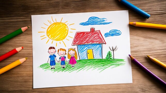 A drawing of a family standing in front of a house with colored pencils