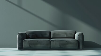 Grey Sofa with Pillows on Empty Grey Wall in Front of White Floor with Light Coming Through Window.