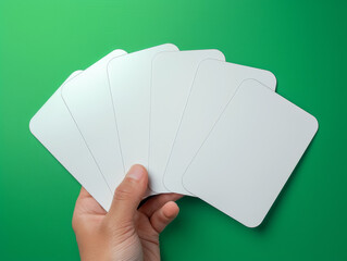 A hand holding a stack of white cards