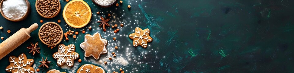 A high-resolution image showcasing holiday baking ingredients and star-shaped cookies on a green background. Features cinnamon, oranges, rolling pin, and powdered sugar. Ideal for festive themes.