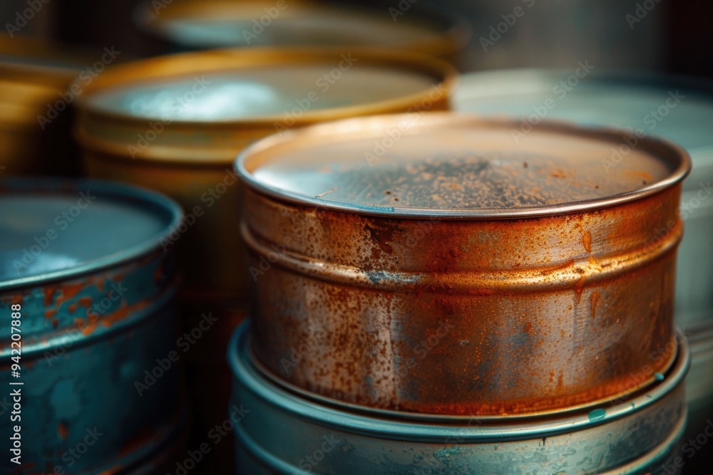 Poster Metal containers stacked together, textured and rusty