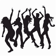 Fototapeta premium A dynamic silhouette of a group of energetic young people dancing with hands and arms raised in the air, celebrating together against a white background