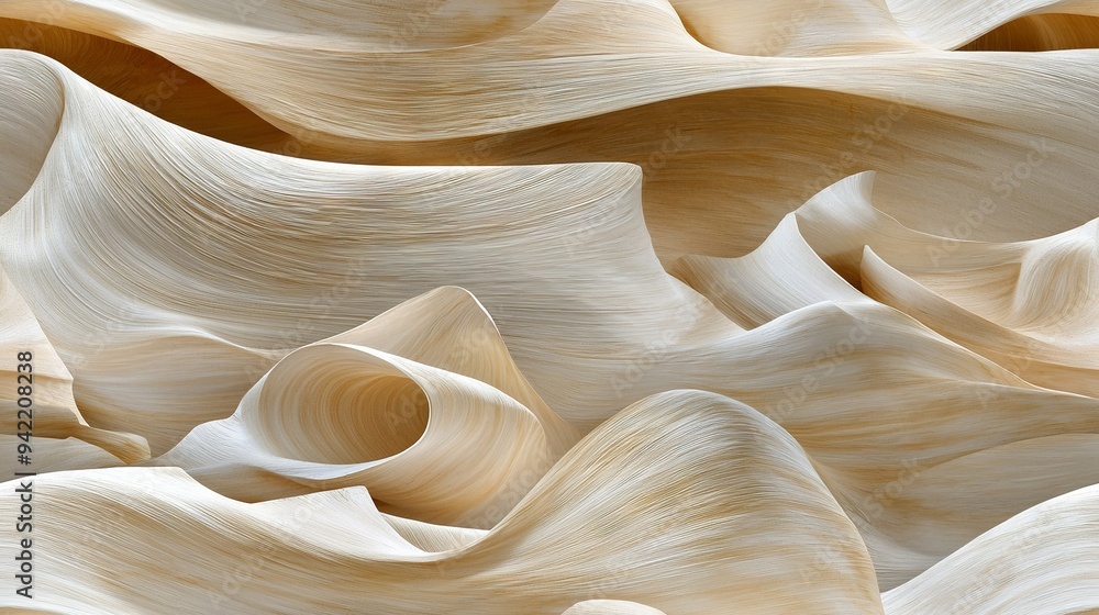 Poster a close-up shot of a pattern composed of white and light brown waves, with a black and white object 