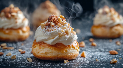 A close up of a pastry with a lot of nuts on top