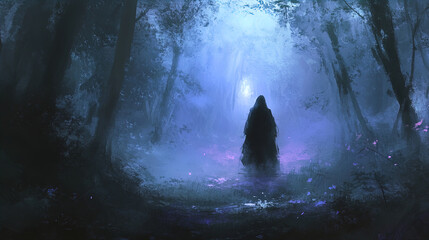 Fototapeta premium An eerie, mystical forest scene bathed in shades of blue and purple. A hooded figure stands in the center of the image, silhouetted against the mist that envelops the dense trees. The trees are dark, 