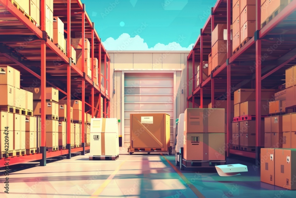 Poster a large warehouse filled with boxes and storage containers